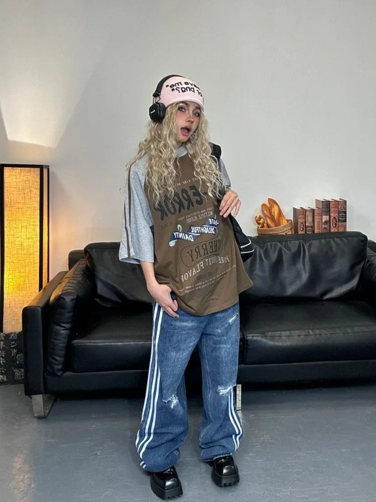 ADAgirl Sport Stripe Oversized T Shirt Women Letter Print Patchwork Raglan Sleeve Tops American Retro Harajuku Clothing Summer 240629