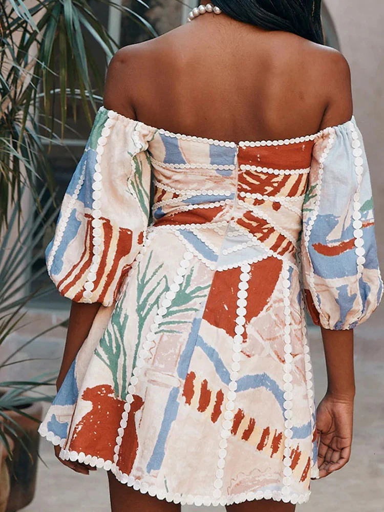 Fashion Printed Puff Sleeve Aline Mini Dress Women Elegant V Neck Backless Short Summer Lady Chic Holiday Vestidos 240627