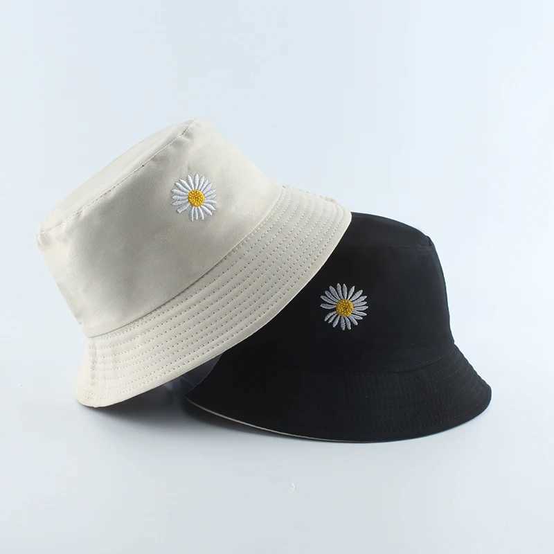 Wide Brim Hats Bucket Hats 2021 Spring Women Fishing Bucket Hat Panama Summer Sunscreen Sun Cap Flower Daisies Embroidery Reversible Fisherman Hat