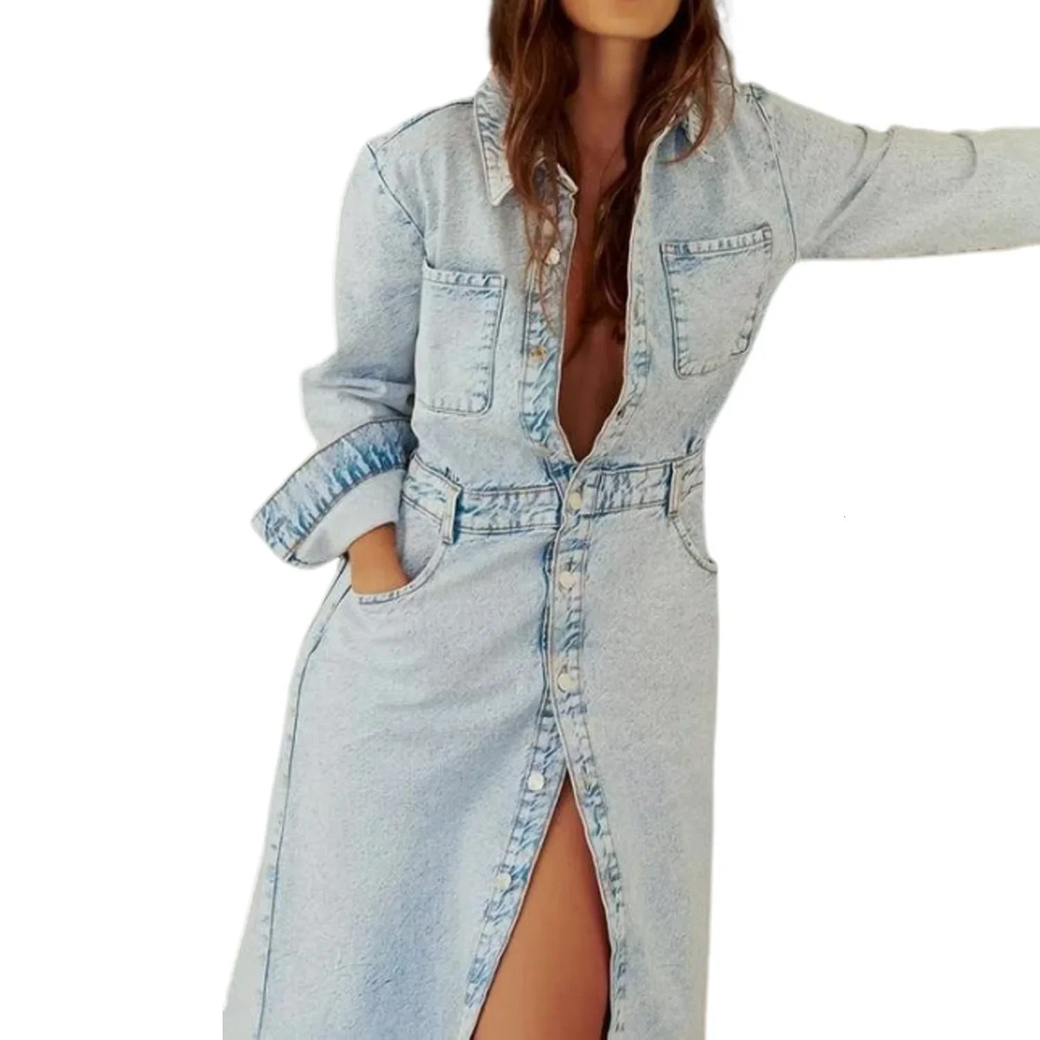 PB ZAWomens Single Breasted Denim Long Skirt Pocket Decoration Casual Versatile Dress 240629