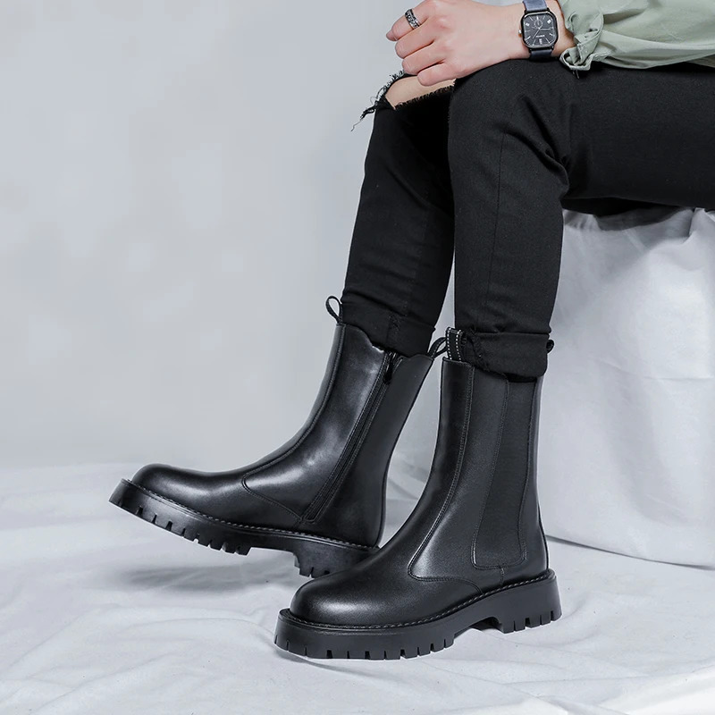 Platform Mens Boots Men Shoes British Style Side Zipper Wear-resistant Casual Boots Classic High-top Black Chelsea Boots 240629