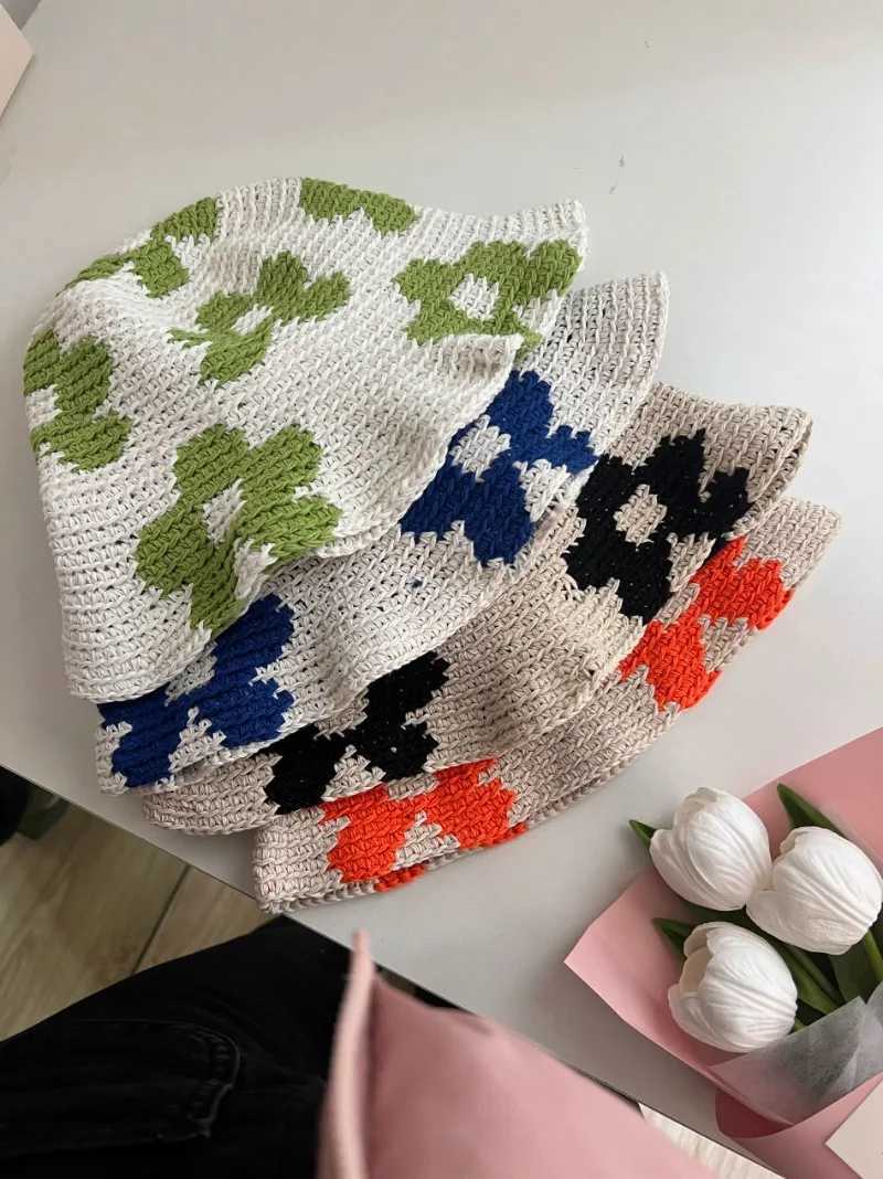 Wide Brim Hats Bucket Hats Korean Flower Cotton Knitted Hand Hook Sun Bucket Hat Women Spring Summer Seaside Vacation Photo Bucket Hat