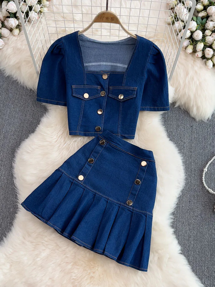 Womens Set Jeans 2 Pieces Suits Woman Matching Sets Buttons Jumpers Mini Skirt Short Sleeve Female Clothes Costumes 240627
