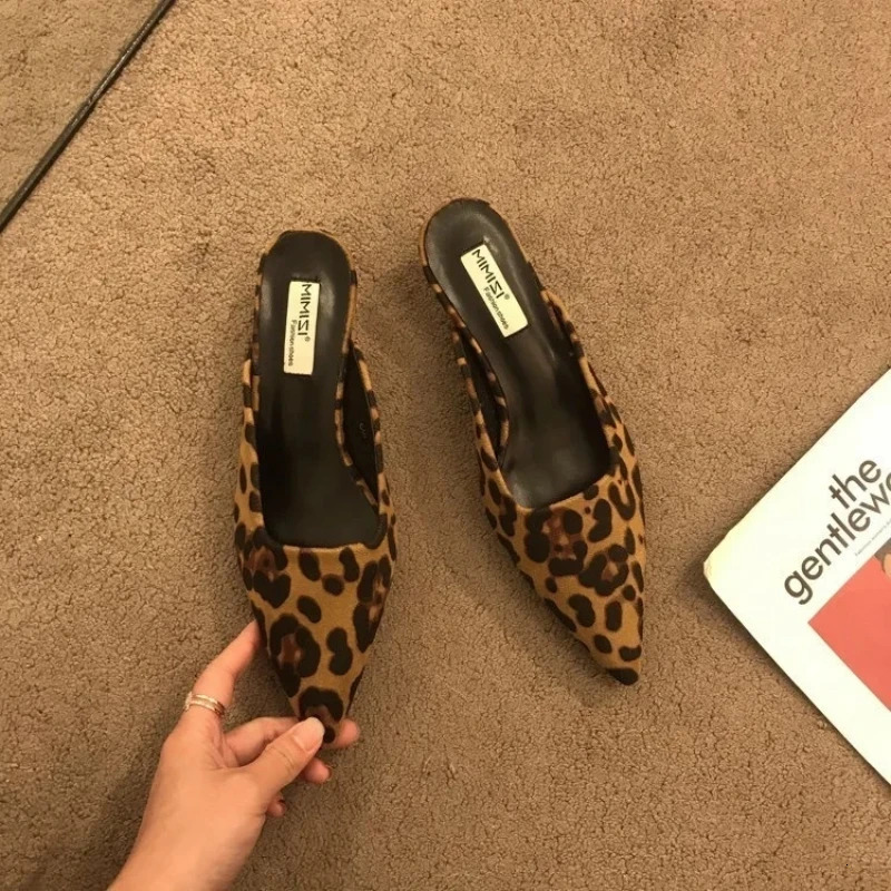 Pointed Toe Mules Fashion Leopard Print Women Slippers Casual Womens Shoes Women Low Heels Elegant Ladies Outdoor Slide 240629