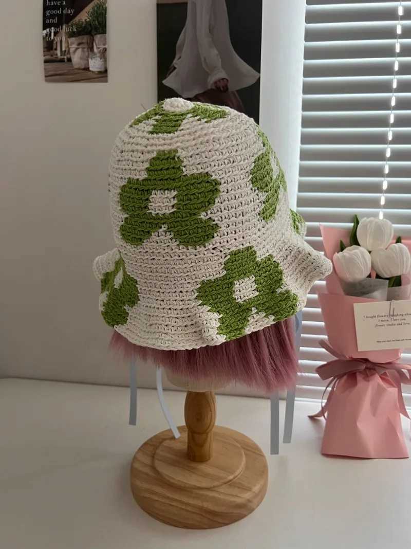 Wide Brim Hats Bucket Hats Korean Flower Cotton Knitted Hand Hook Sun Bucket Hat Women Spring Summer Seaside Vacation Photo Bucket Hat