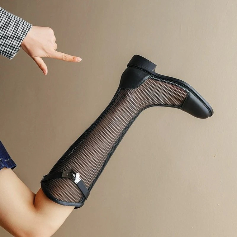 Leather Long Boots Mesh Breathable High Tube Summer Shoes Women Fashion Ladies Dress Hollow Low Heels Sandals Outdoor 240629