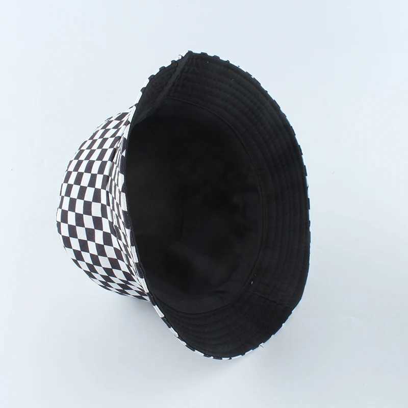 Wide Brim Hats Bucket Hats 2023 New Brand Black White Plaid Check Bucket Hats Fishing Caps Women Mens Reversible Fisherman Hat