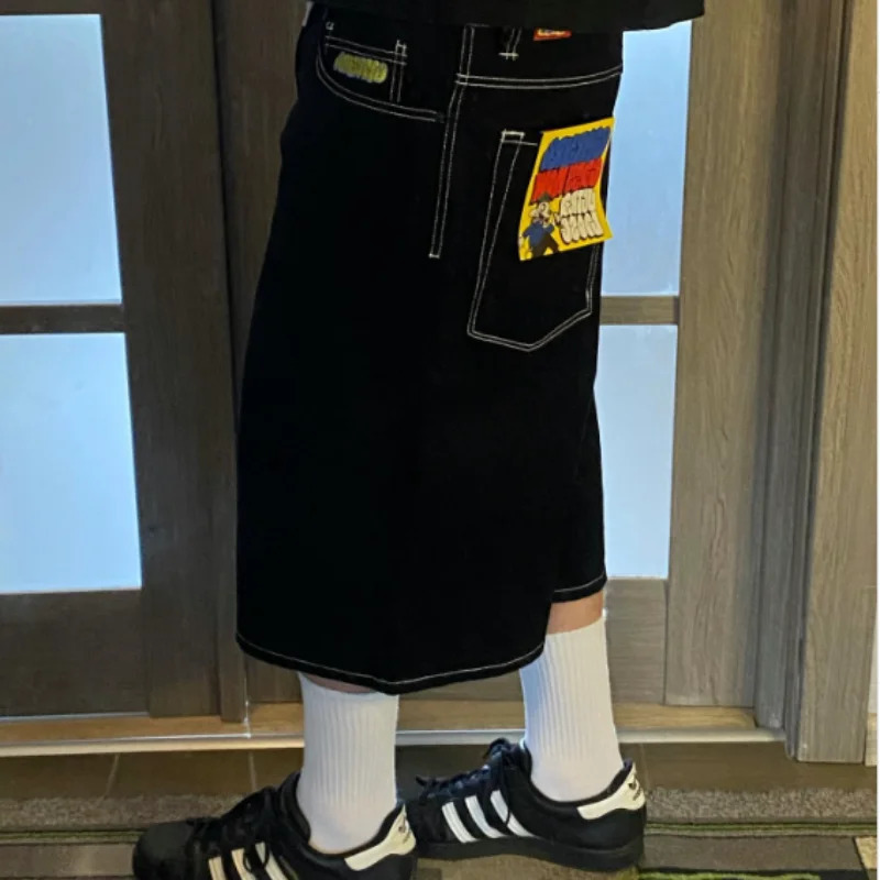 American High Street Cartoon Graphic Embroidery Baggy Jeans Waist Wide Leg Trouser Hip Hop Harajuku Big Boy Y2k Streetwear 240626