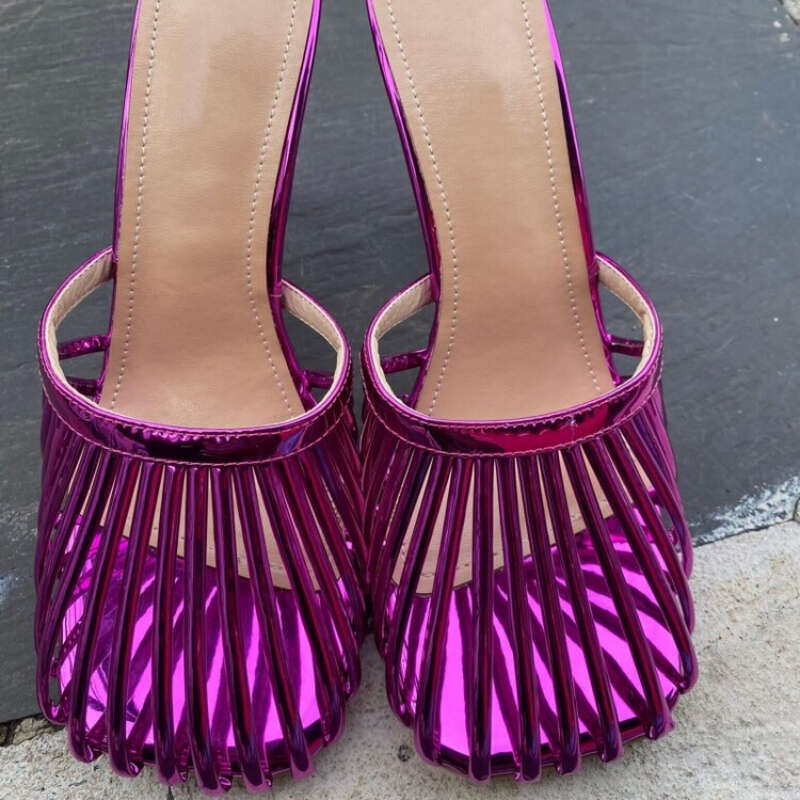 2024 Leather Mesh Hollow Sandals Square Head High 12Cm Thin Heel Fashion European American Outside Slippers 35-45