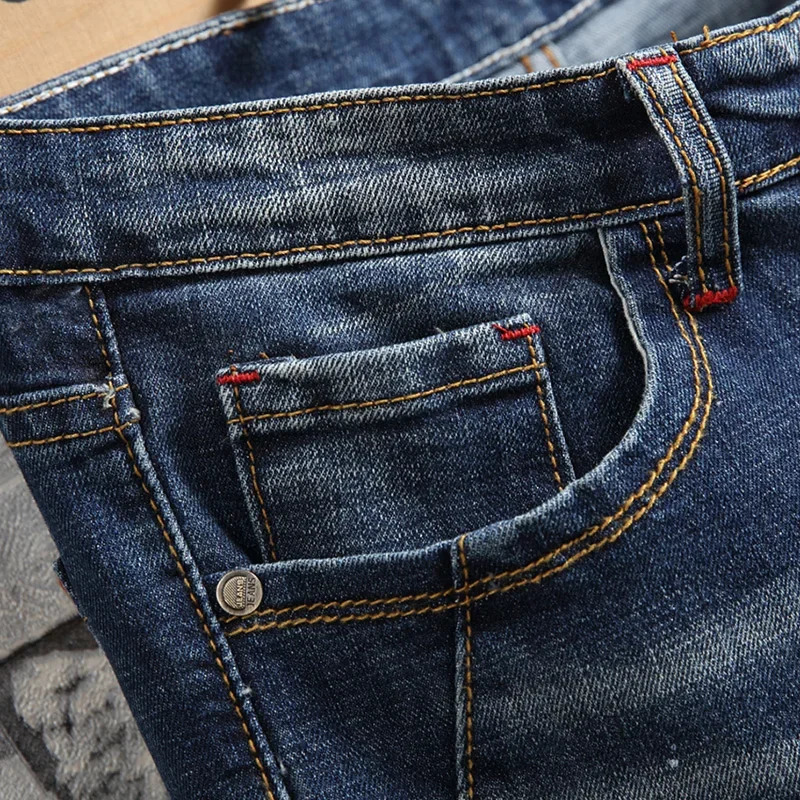 Spring Style Retro Fashion Ripped Slim Jeans for Men High Street Versatile Stretch Straight Leg Denim Trousers Male 240619