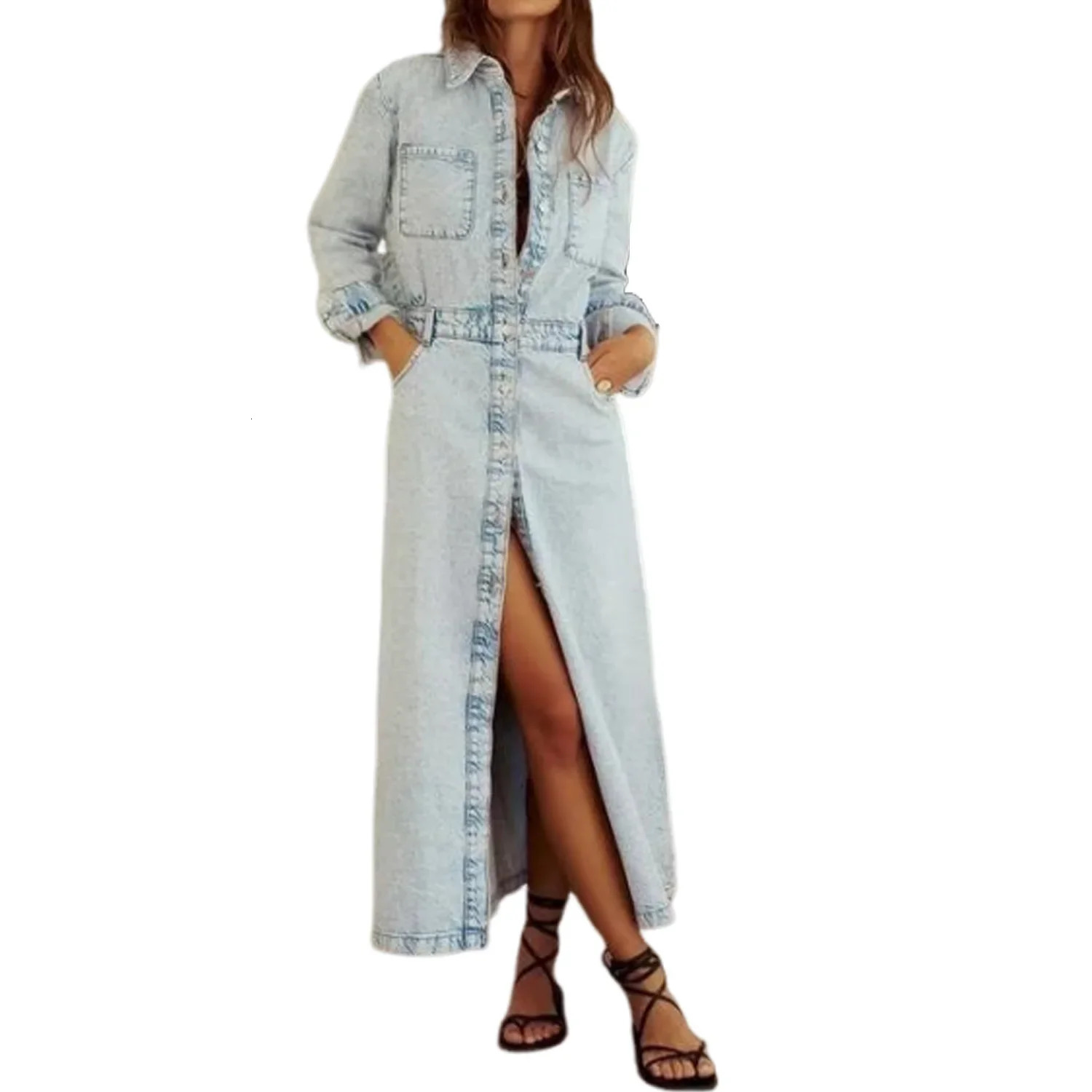 PB ZAWomens Single Breasted Denim Long Skirt Pocket Decoration Casual Versatile Dress 240629