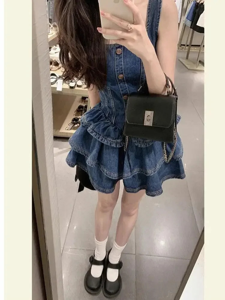 Summer French Strap Jeans Dress Women Robe Slim Waist Princess Pomped Dress Slash Neck Dress Denim Clothing 240629
