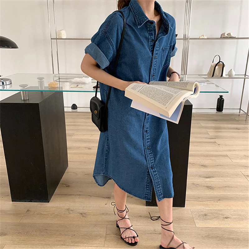 Vintage Blue Jeans Dresses Summer Women Shirts Vestidos Short Sleeve Button Up Pocket Loose Vacation Party MIDI Denim Dress 240629