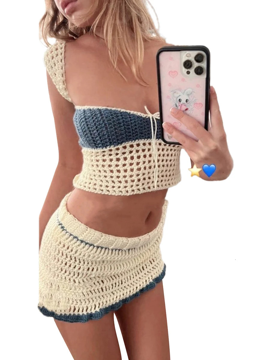 Mxiqqpltky Women s Knit Two Piece Outfits Sleeveless Low Cut Cropped Vest Bodycon Mini Skirt Set Contrast Color Cutout Suit 240626