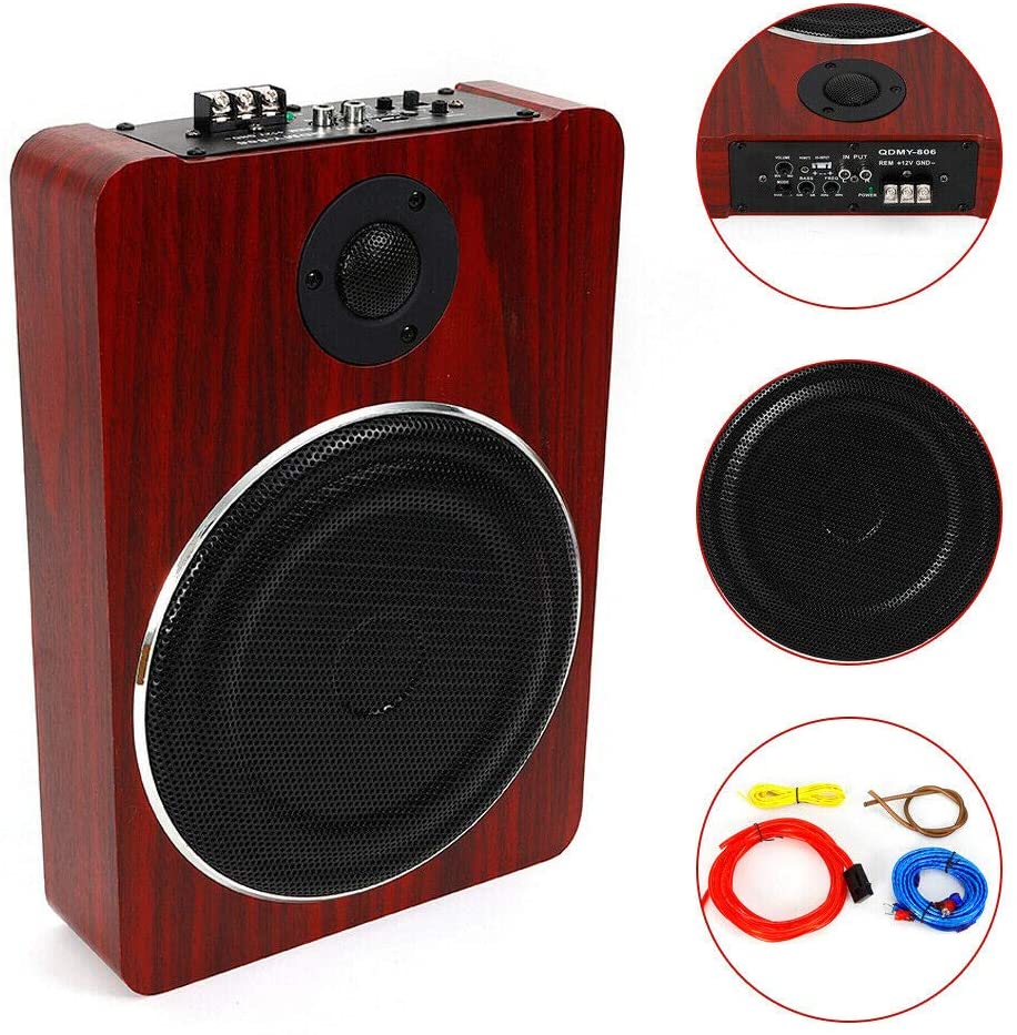 8" Under-Seat Powered Active Hideaway Car Truck Wood Subwoofer Amplifier Player Audio Bass HiFi Slim Speaker 600W 12V