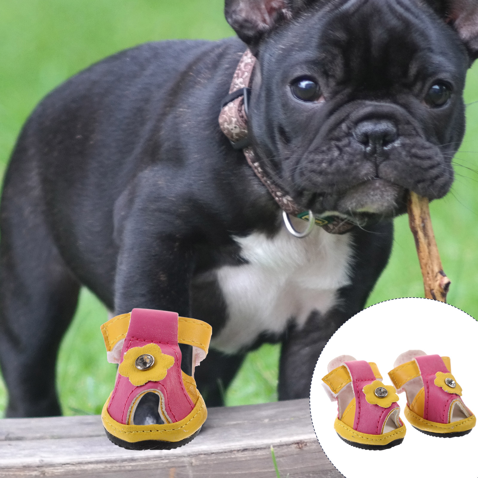 4pcs Summer Breathable Pets Dog Shoes PU Floral Sandals Anti-slip Shoes Pet Supplies (Yellow) - Size 2