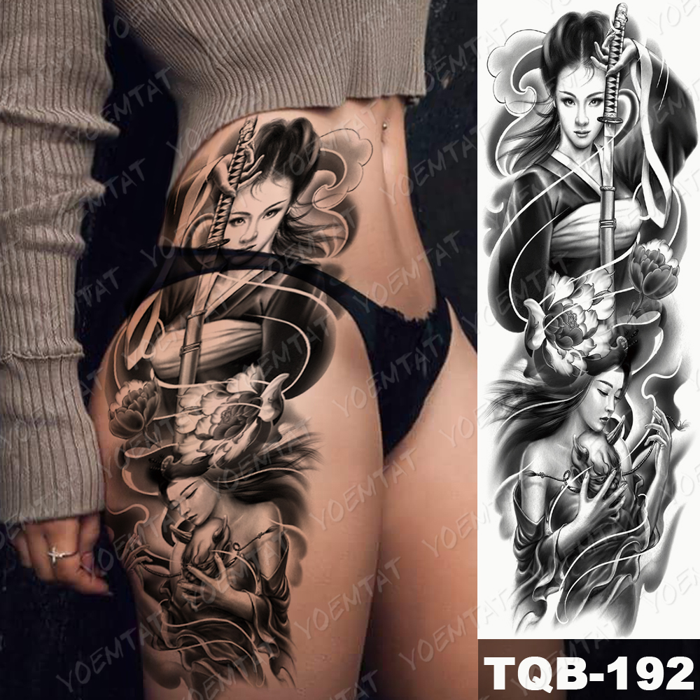 Large Arm Sleeve Tattoo Buddha Geisha Waterproof Temporary Tatto Sticker Samurai Flower Waist Leg Body Art Full Fake Tatoo Women