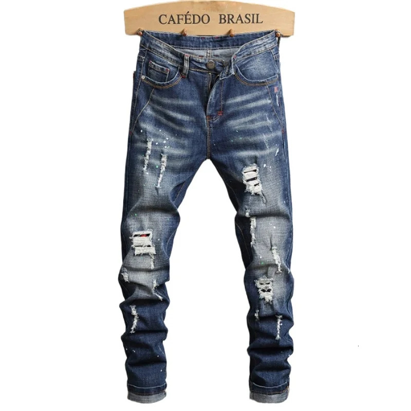 Spring Style Retro Fashion Ripped Slim Jeans for Men High Street Versatile Stretch Straight Leg Denim Trousers Male 240619