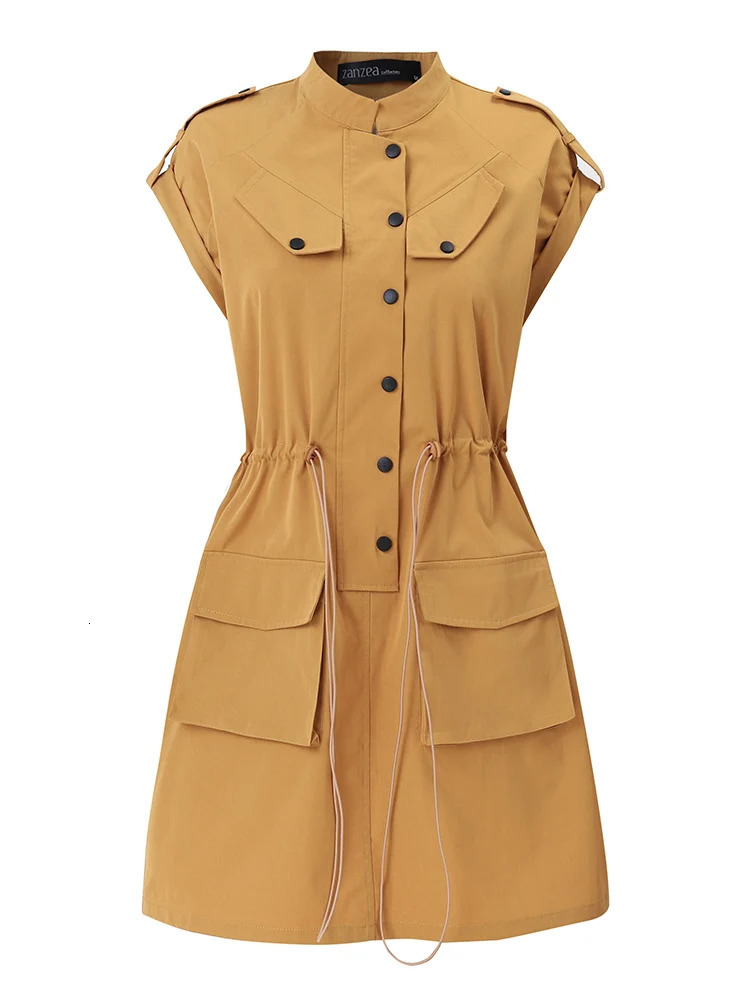 ZANZEA Women Korean Fashion Cargo Vestidos Short Sleeve Casual Button Up Drawstring Waist Mini Dress Work Wear Short Sundress 240629