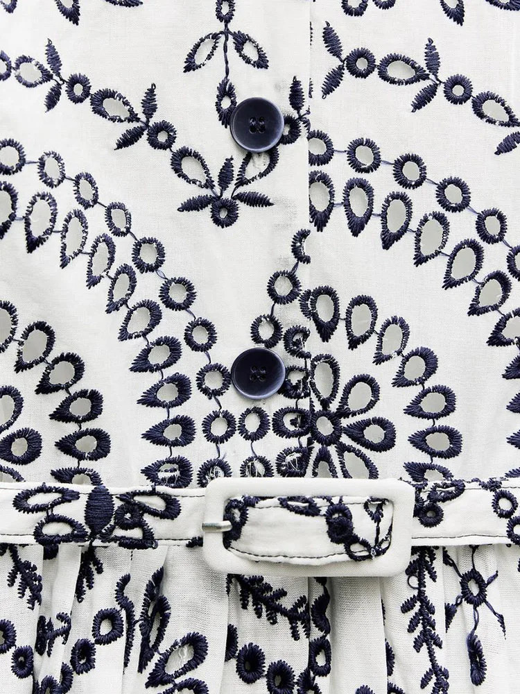 ZBZA Womens Contrast Embroidered Printed Dress Vneck Adjustable Belt Single Breasted Aline Skirt Summer Female Chic 240627