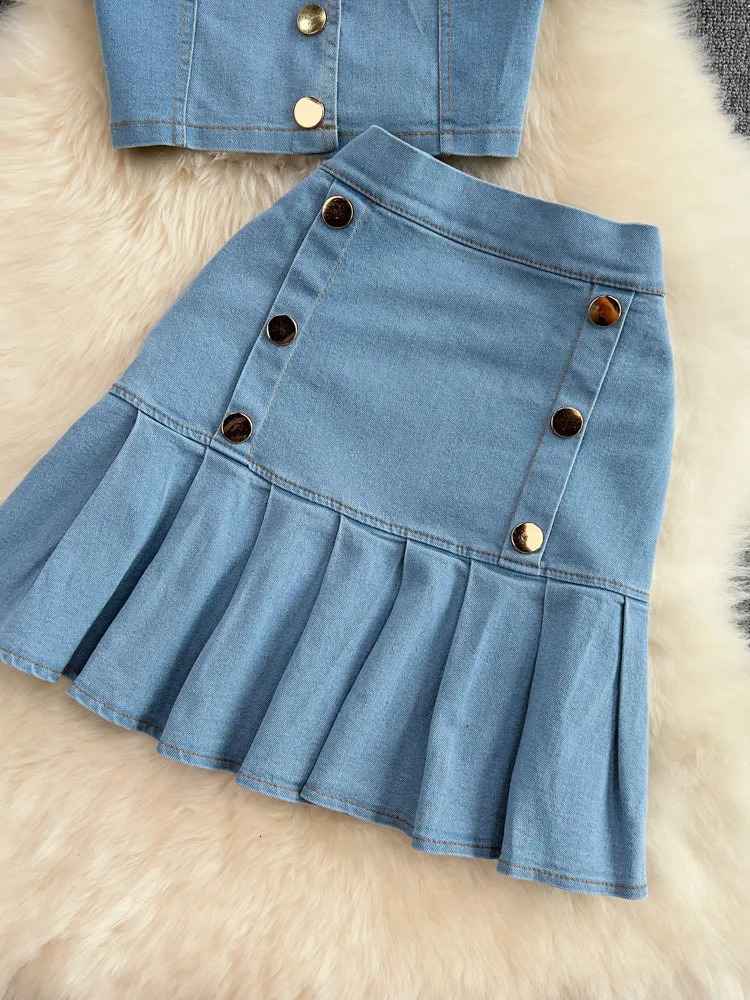 Womens Set Jeans 2 Pieces Suits Woman Matching Sets Buttons Jumpers Mini Skirt Short Sleeve Female Clothes Costumes 240627