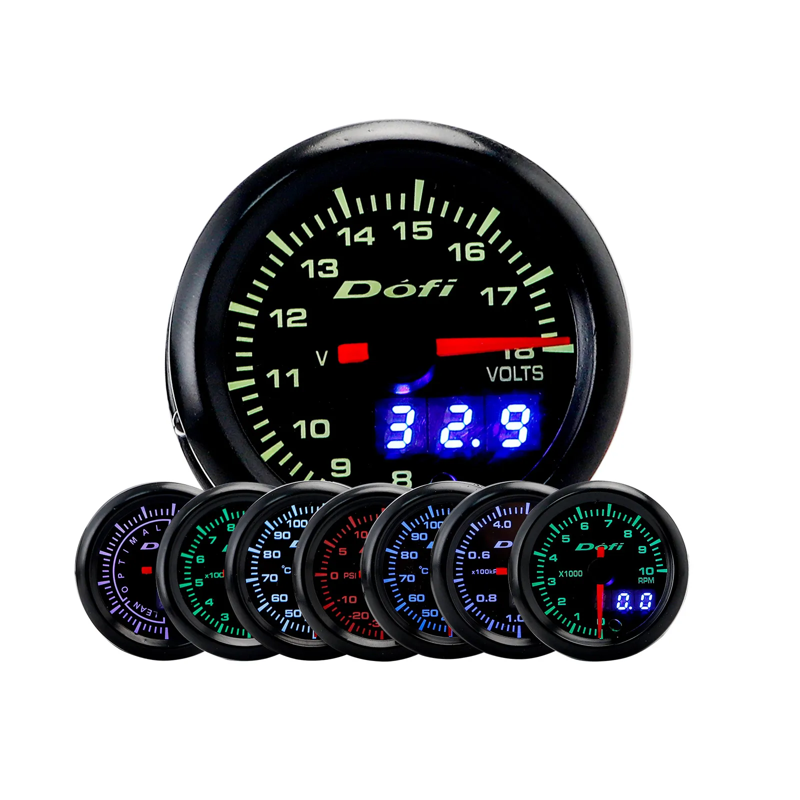 Dofi 7 Colors 52mm LED Digital Voltmeter Oil Pressure Turbo Boost Oil Temp Water Temp Tachometer Air Fuel Ratio EGT Car Gauge