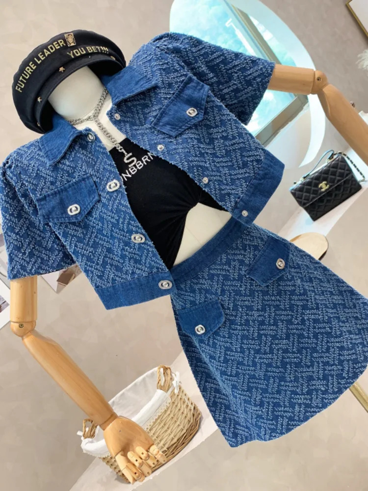 Summer Street Fashion Womens Suit With Skirt Denim Short Sleeve Top Sweet Girl Female Blue Plaid 2 Piece Set 240627