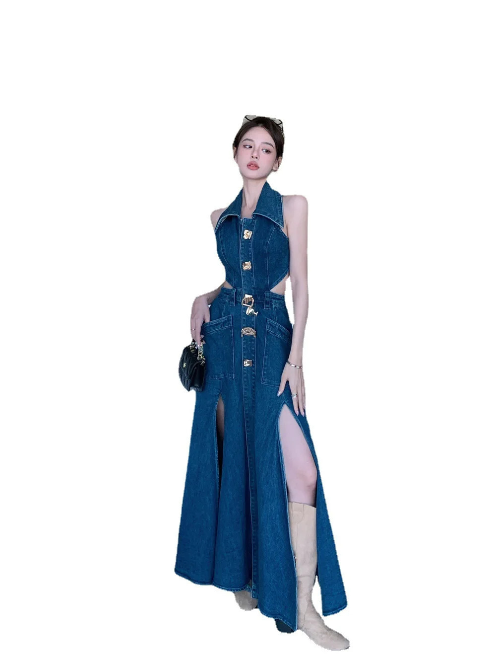 Turn-down Colla Hollow Out Denim Dress Sleeveless Womens Side Split Sexy Style Long Dress Summer Blue A-line Denim Vestidos 240629