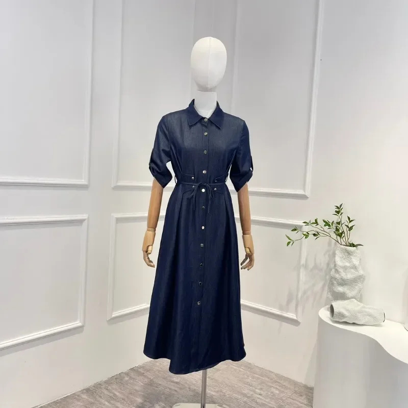 Summer Women Fashion Vintage Office Lady Dark Blue Black Solid Belt Turn-down Collar Midi Jean Dress Top Quality 240629