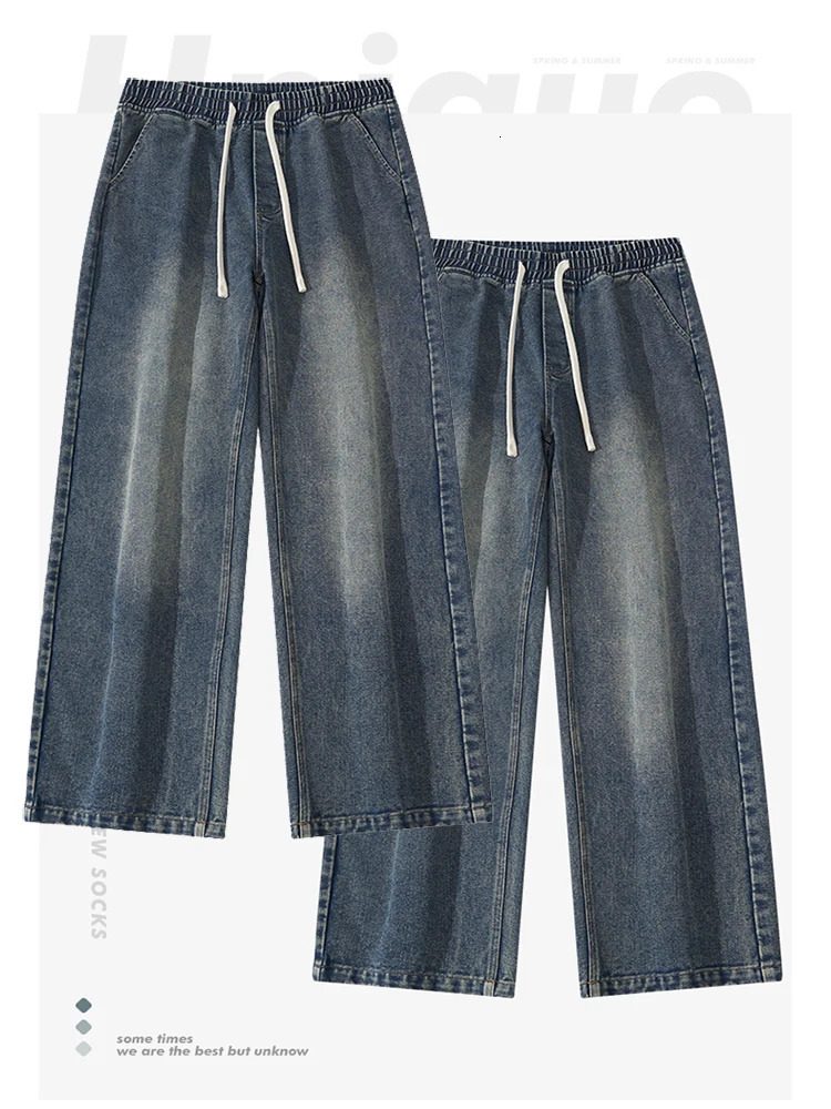 Spring High Street Men Loose Elastic Waist Baggy Straight Jeans Streetwear Y2K Vintage Fashion Wideleg Denim Pants 240619
