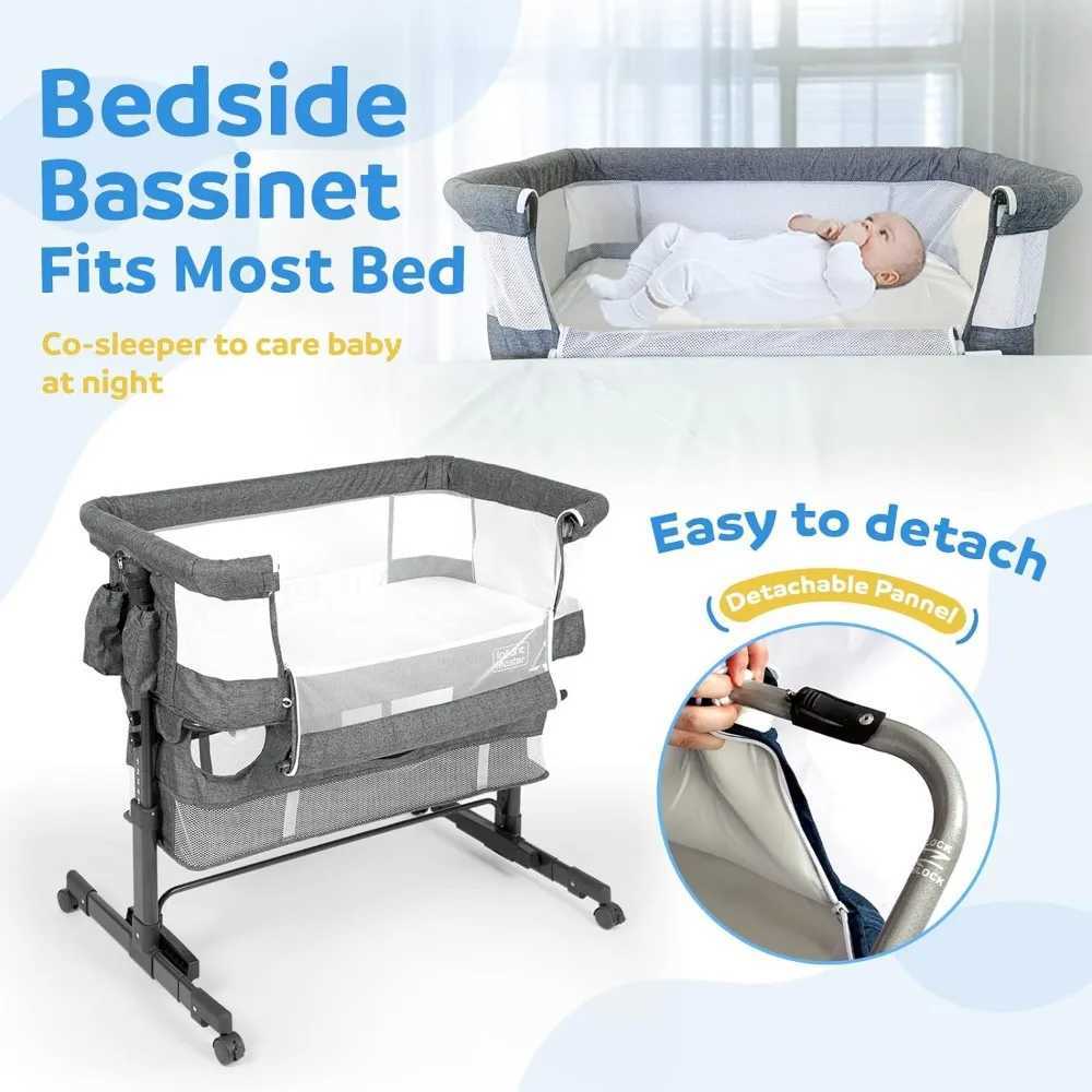 Baby Cribs 3 in 1 Baby Bassinet Upgraded Beside Crib with 360 Highly Visible Mesh wall Comfy Co-sleeper Bassinet 5 Level Adjustable Height WX