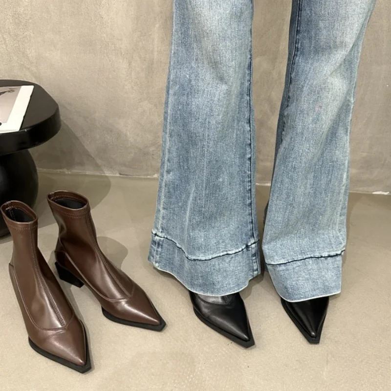 Womens Pointed Toe Chunky Mid Heel Fashion Boots Fashion Short Boots Womens Sleeve Hundred Womens Boots 240629