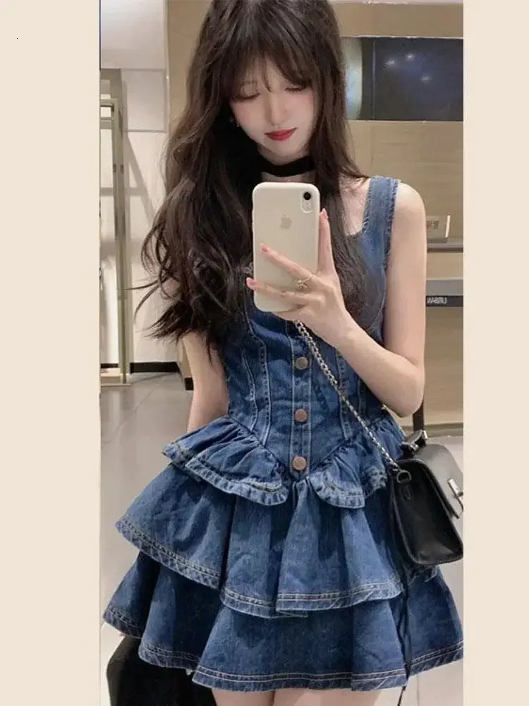 Summer French Strap Jeans Dress Women Robe Slim Waist Princess Pomped Dress Slash Neck Dress Denim Clothing 240629