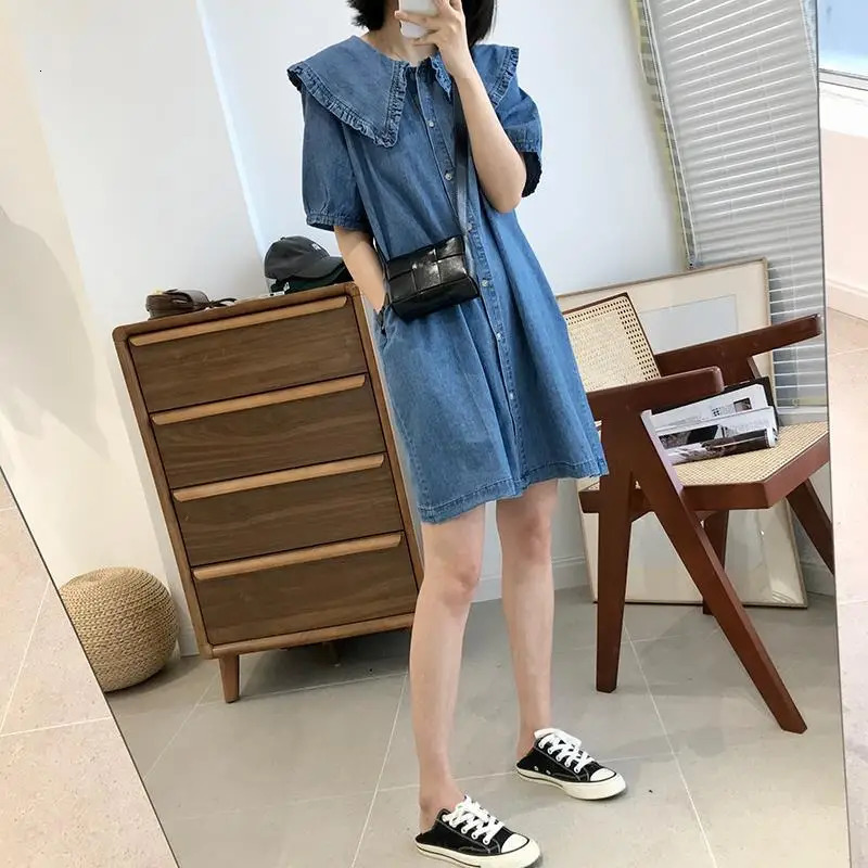 Korean Style Summer Doll Collar Denim Dress Short Sleeves Loose Cute Midi Dress 240629
