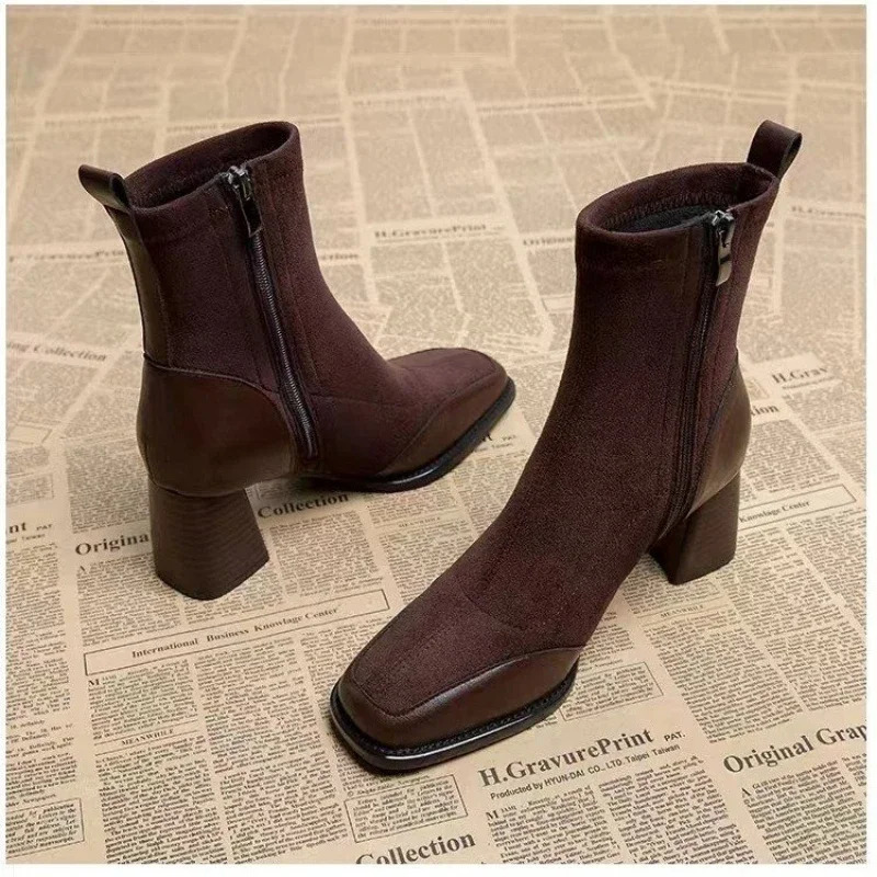 Ladies Shoes Square Toe Solid Womens Boots Trend Outdoor Short Tube Boots Square Heel Zippered High Heels Shoes 240629