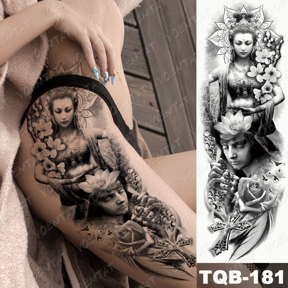 Large Arm Sleeve Tattoo Buddha Geisha Waterproof Temporary Tatto Sticker Samurai Flower Waist Leg Body Art Full Fake Tatoo Women