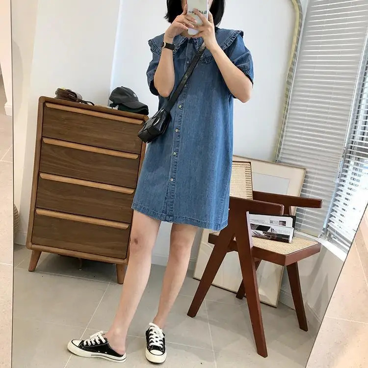 Korean Style Summer Doll Collar Denim Dress Short Sleeves Loose Cute Midi Dress 240629