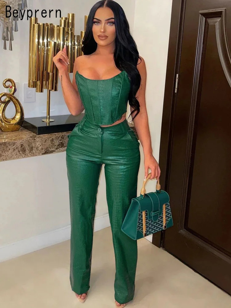 Beyprern Womens Green Corset Cut-Out Cargo Metallic Jumpsuits PU Leather Matching Set Sexy Clubwear 2 Piece Outfits 240619