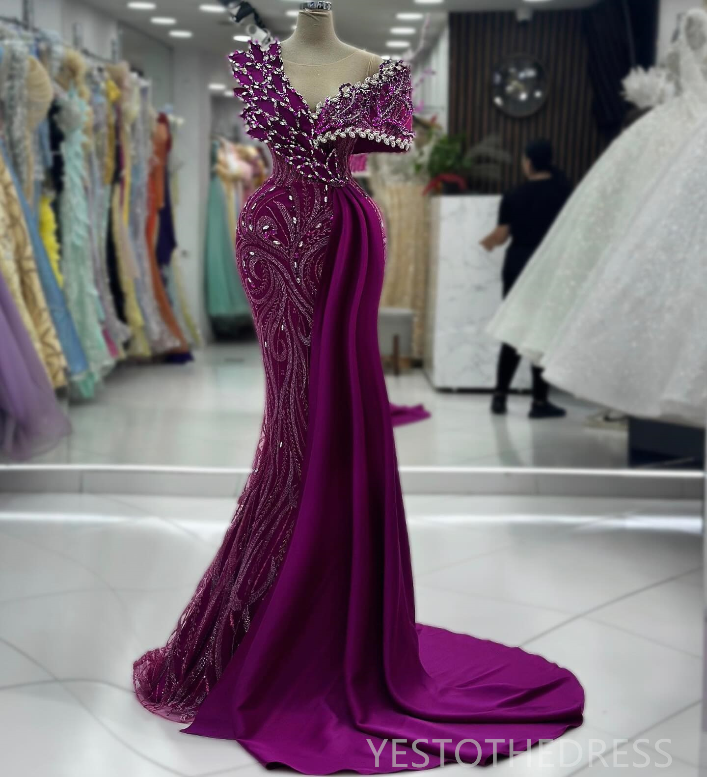 2024 Grape Prom Dress Mermaid Prom Dresses for Special Occasions Illusion Evening Formal Dresses for Women Sheer Neck Beaded Lace Second Reception Gow