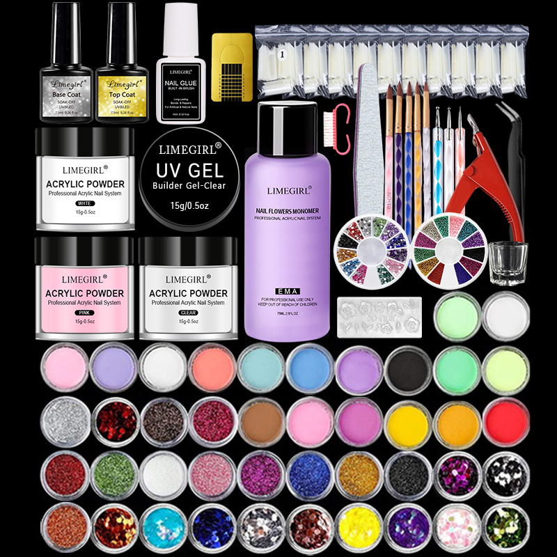 Limegirl Acrylic Nail Kit Full Manicure Set With 3 Colors Acrylic powder Liquid Glitter Nail Tips For Nails Art Tools Nail Set
