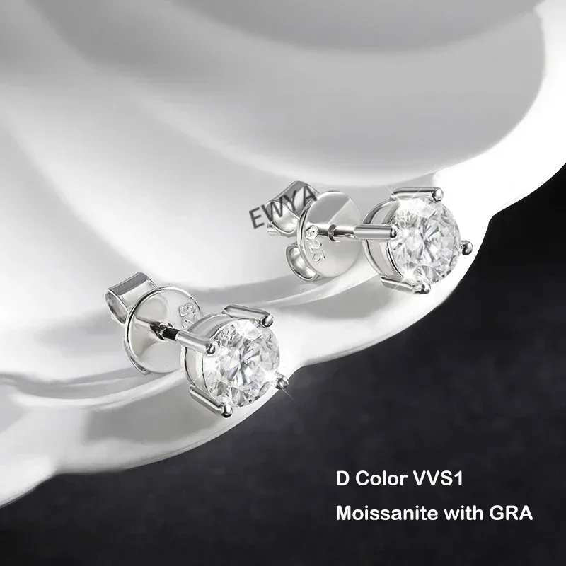 EWYA GRA Certified 0.1-3CT D Color Moissanite Stud Earrings For Women Party Wedding 4 Prong S925 Silver Earring Ear Studs Gift