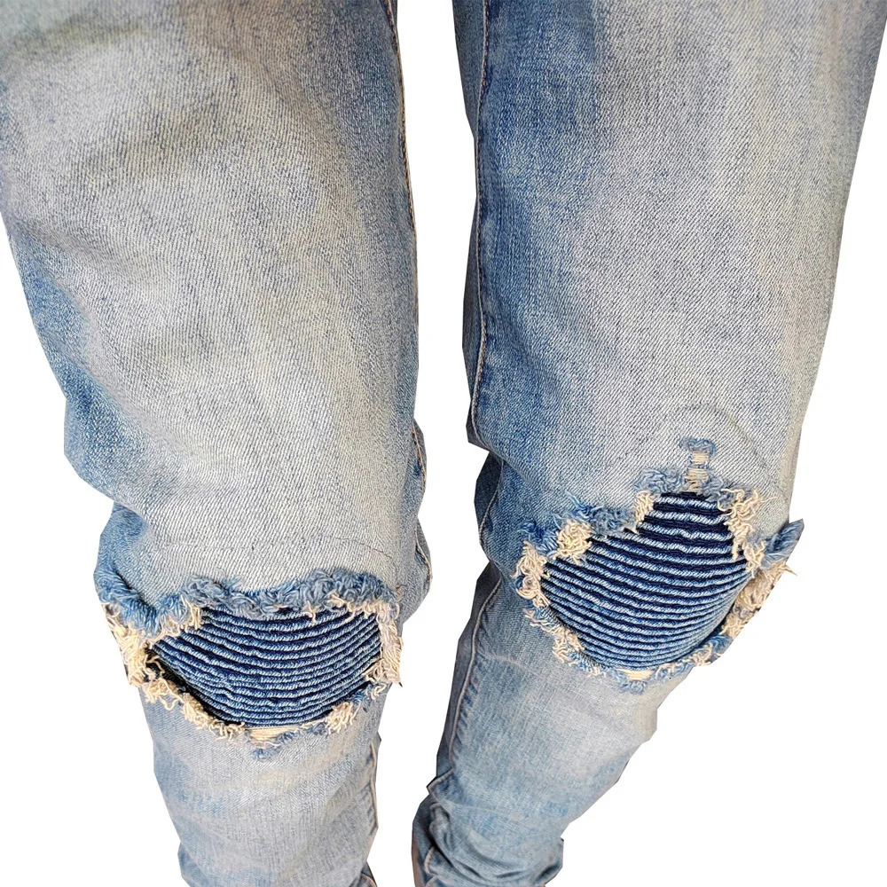 High Street Ripped Knee Distressed Mens Jeans Fashion Men Biker Stretch Skinny 240619