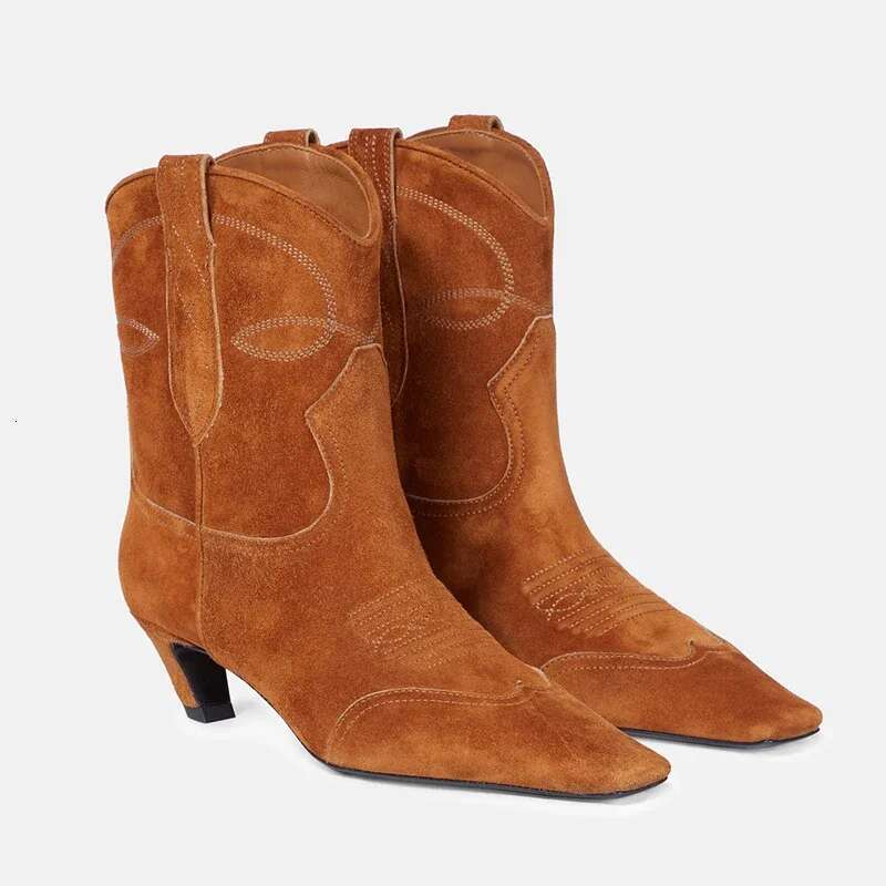 New Black Autumn Winter Square Toe Low Heel Ankle Women Fashion Embroidered Brown Suede Short Boots Size 34-43 Woman Shoes