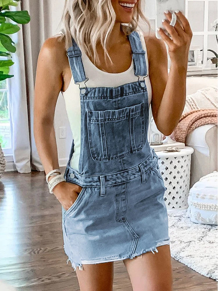 Womens Frayed Hem Adjustable Strap Denim Overall Dress Classic Casual Mini Jean Dresses Pocket Sleeveless Suspender Short Skirt 240629