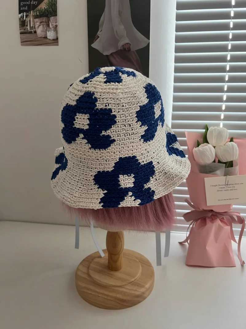 Wide Brim Hats Bucket Hats Korean Flower Cotton Knitted Hand Hook Sun Bucket Hat Women Spring Summer Seaside Vacation Photo Bucket Hat