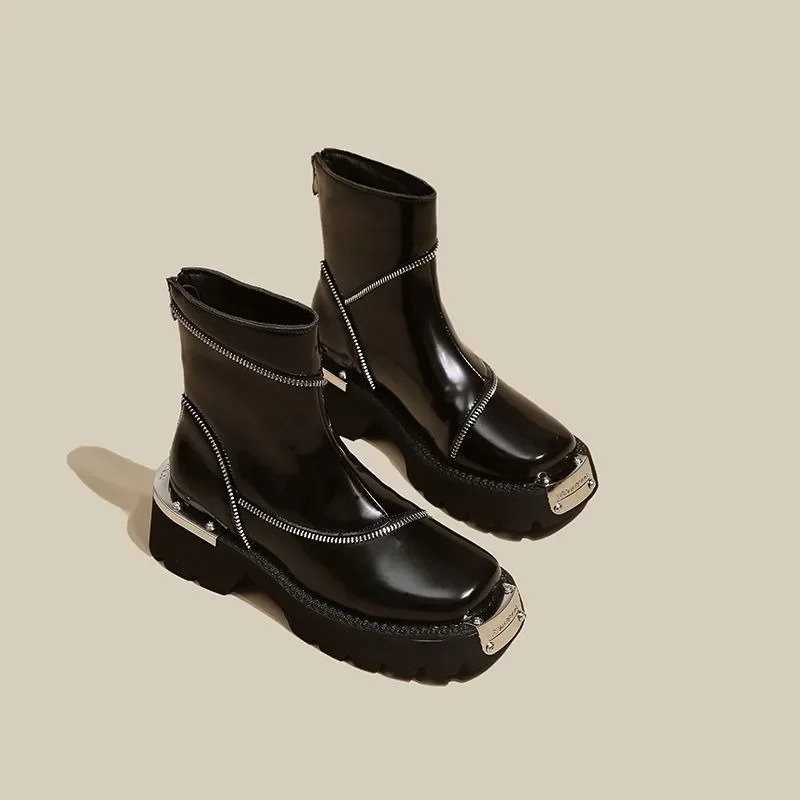 SLTNX Autumn and Winter Thick Soled Martin Boots British Style Square Head Plus Velvet Chelsea Boots Retro Metal Ankle Boots 240629