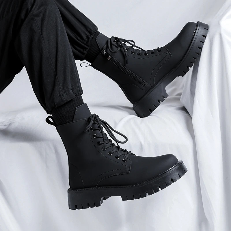 Trend Men Boots Black Sneakers Outdoor Fashion High Top Wholesale Punk Shoes for Men Casual Leather Street Style Ankle Boots Men 240629