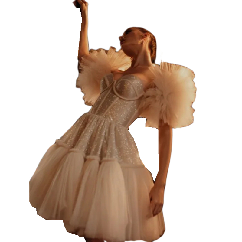 Shiny Sweetheart Pleated Tulle Short Prom Dresses for Women A-line Ruffy Party Evening Gown Lace up Detachable Sleeves Mini Sequined Cocktail Dress 20