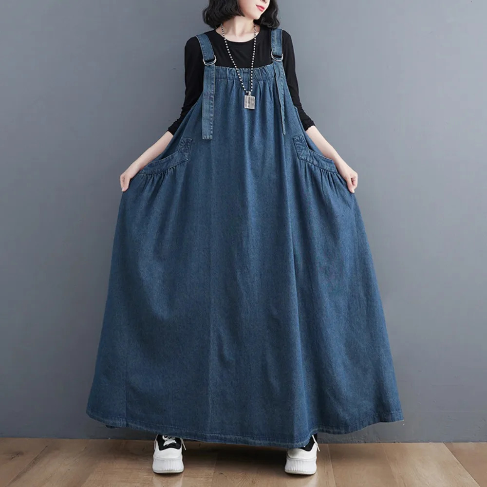 Women Fashion Spring Autumn Long Dress Retro Loose Slimming Denim Suspender Skirt Dresses Long Large Swing Dress y2k 240629