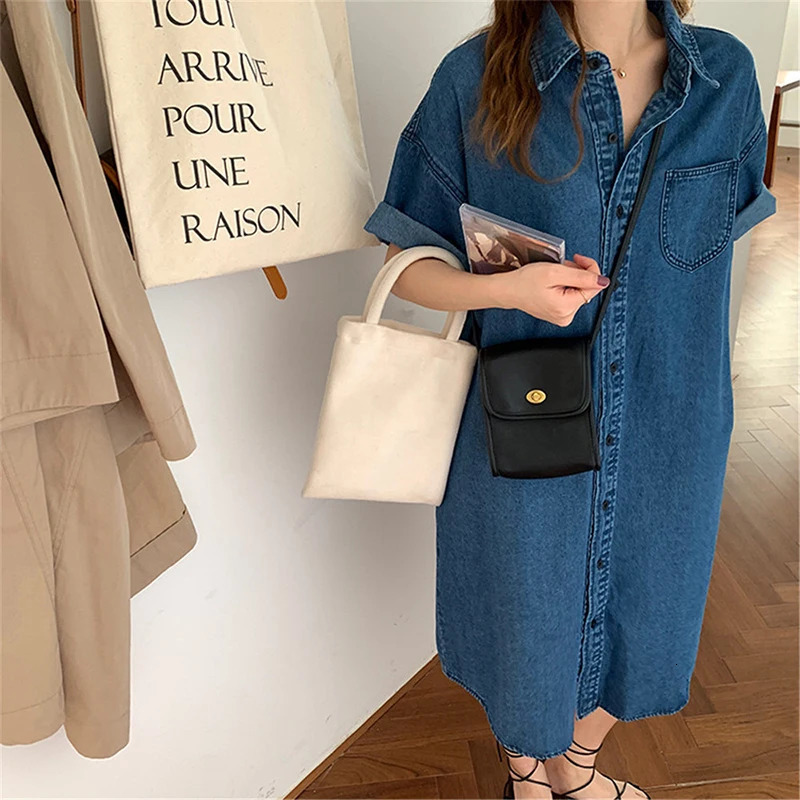 Vintage Blue Jeans Dresses Summer Women Shirts Vestidos Short Sleeve Button Up Pocket Loose Vacation Party MIDI Denim Dress 240629